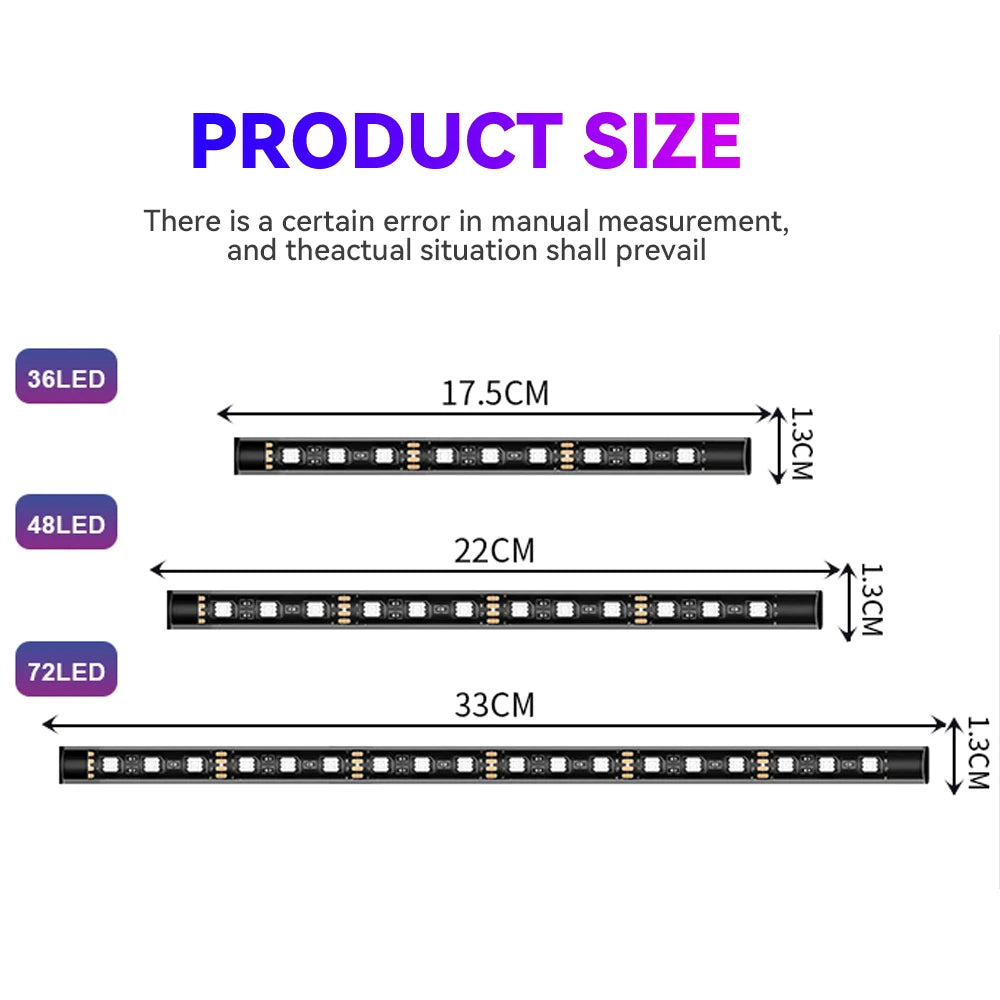 LED strip size chart: 36LED 17.5cm, 48LED 22cm, 72LED 33cm — all 1.3cm wide