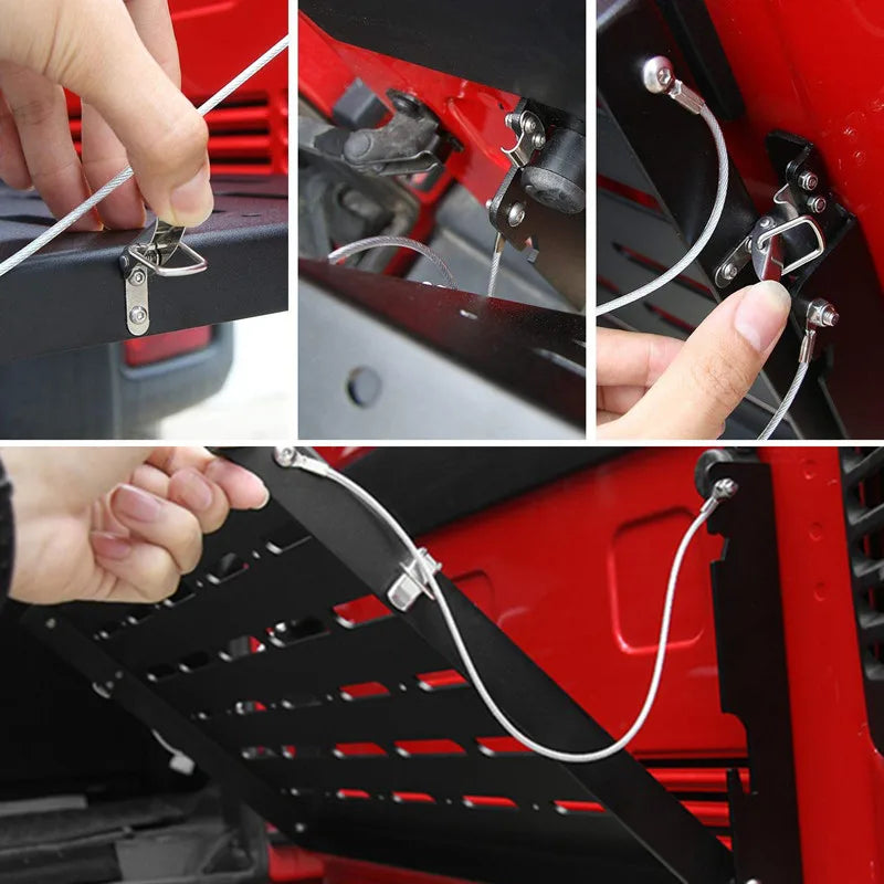 Close-up of locking brackets on foldable tailgate shelf for secure support
