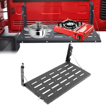 Foldable tailgate shelf rack closed against the rear door of Jeep Wrangler JK