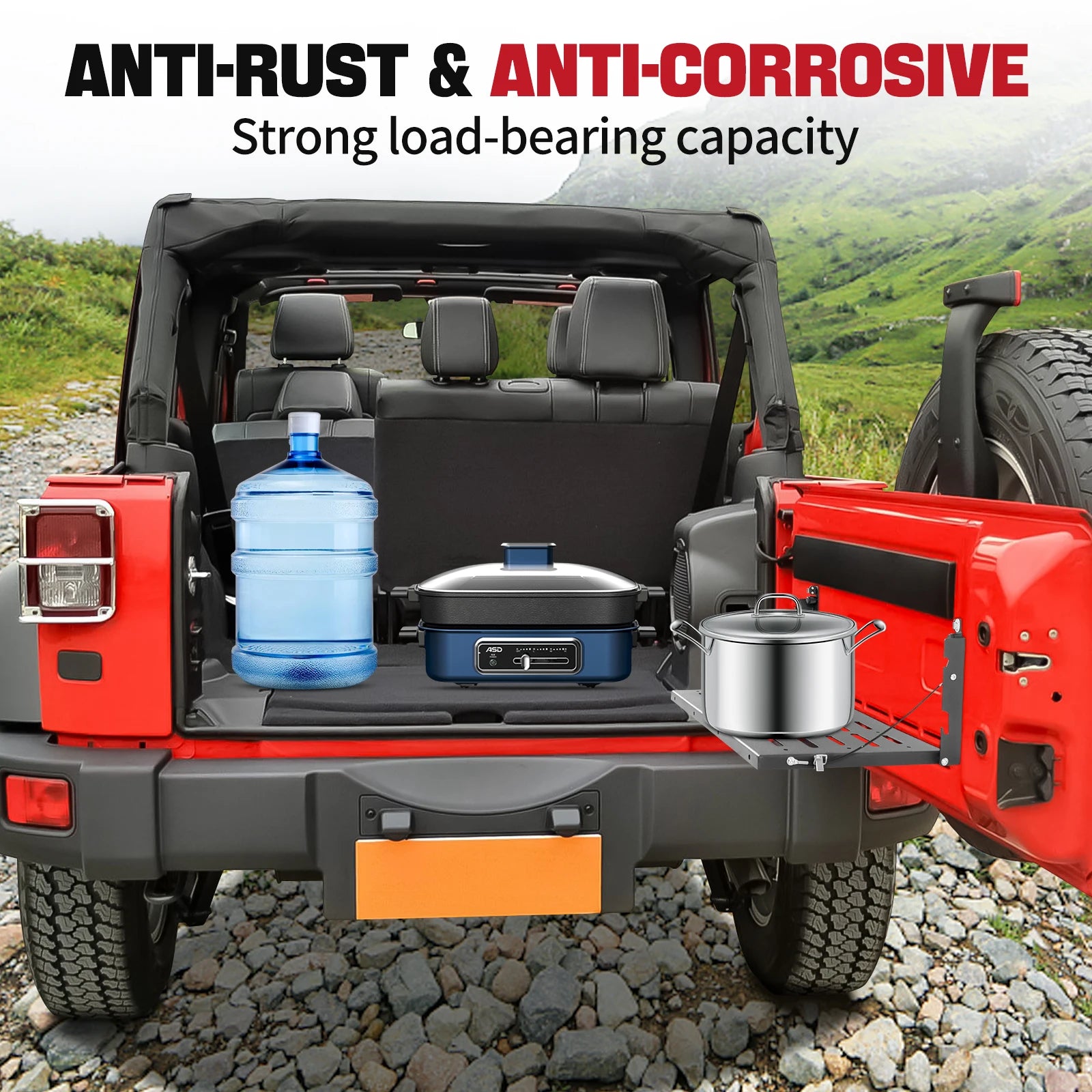 Side view of tailgate rack installed on Jeep Wrangler showing brackets and screws