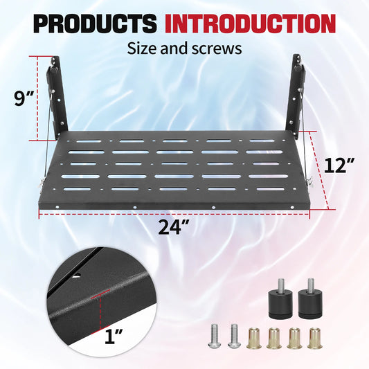 Unfolded tailgate cargo tray shelf mounted on Jeep Wrangler JK tailgate