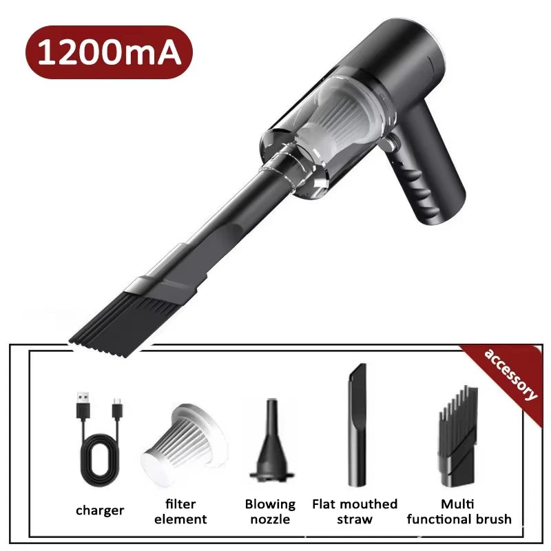 Keyboard vacuum cleaner with 1200mA battery and accessories including charger, filter, nozzles, and brush