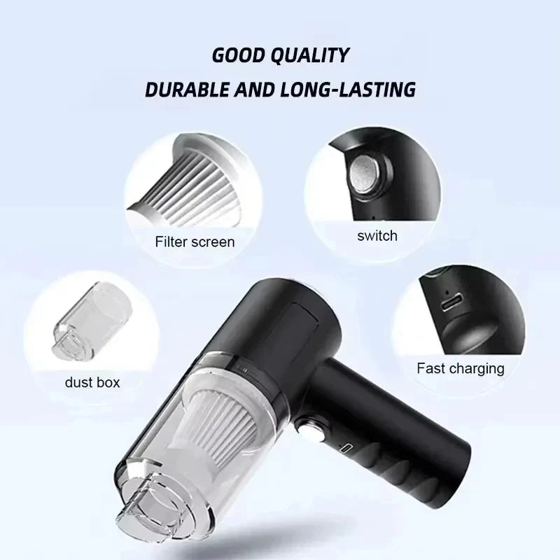 Product features including filter screen, power switch, dust box, and fast charging