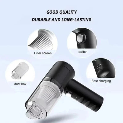 Product features including filter screen, power switch, dust box, and fast charging