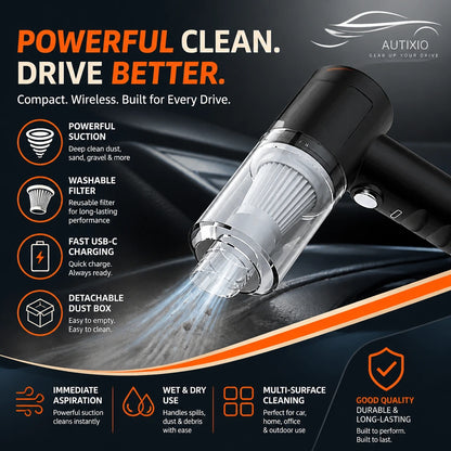 Product features including filter screen, power switch, dust box, and fast charging