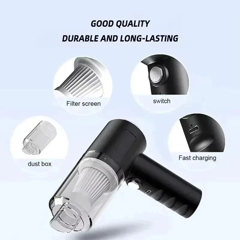 Product features including filter screen, power switch, dust box, and fast charging