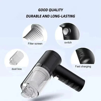 Product features including filter screen, power switch, dust box, and fast charging