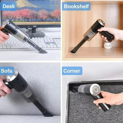 Four usage scenarios for keyboard vacuum cleaner on desk, bookshelf, sofa, and corner areas