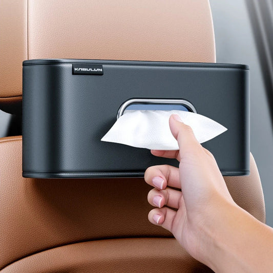 Front display of leather tissue box organizer for car