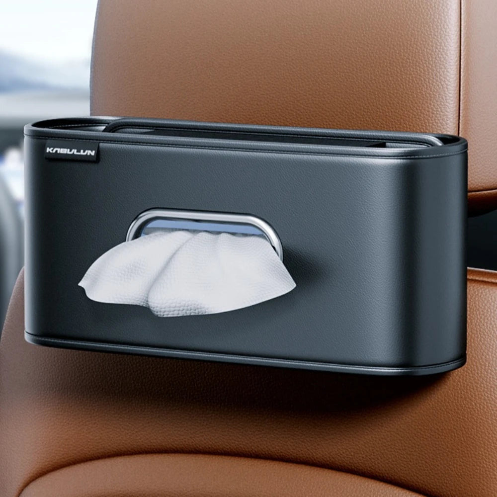 Black PU leather car tissue box holder shown on center console armrest