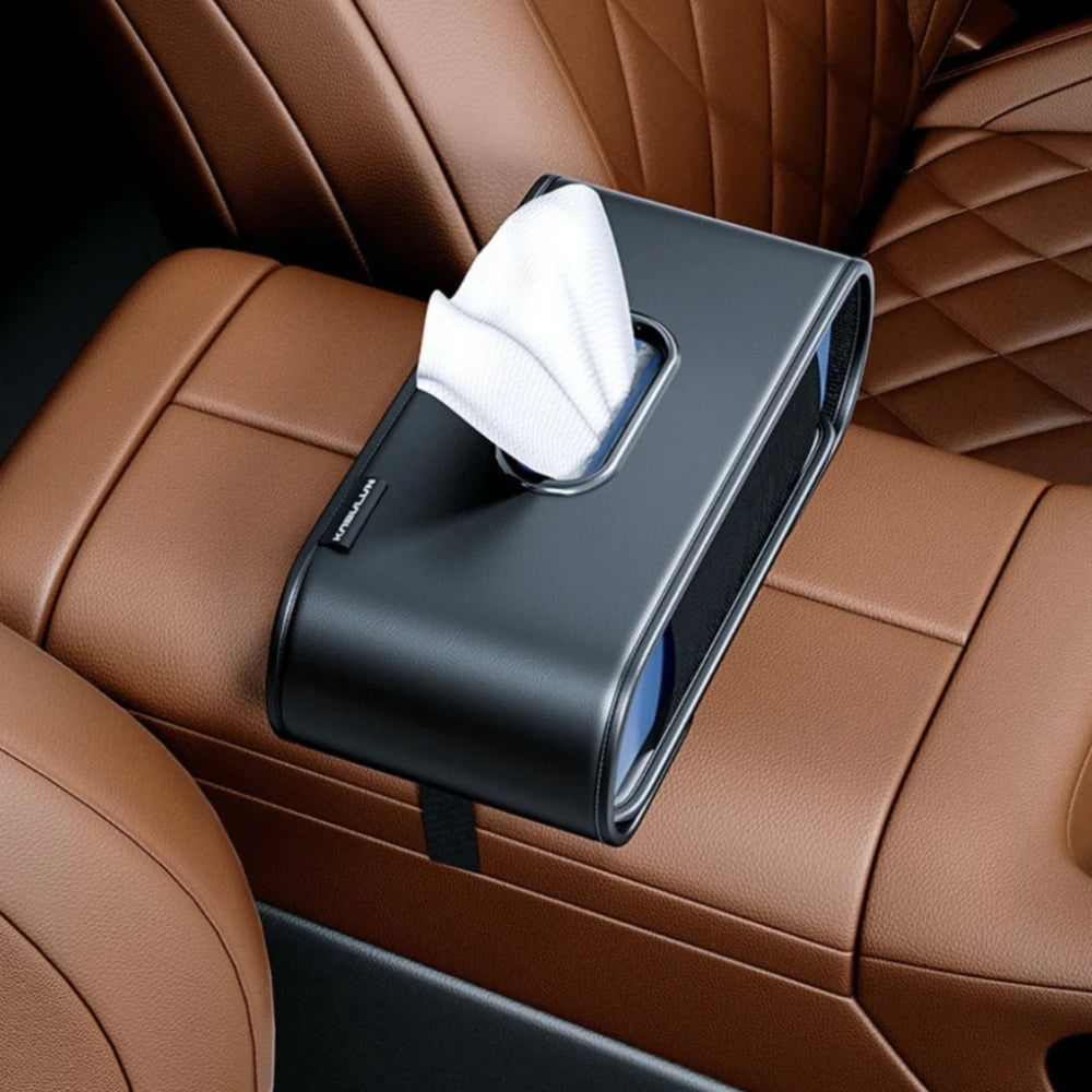 Side profile of leather car tissue box holder organizer