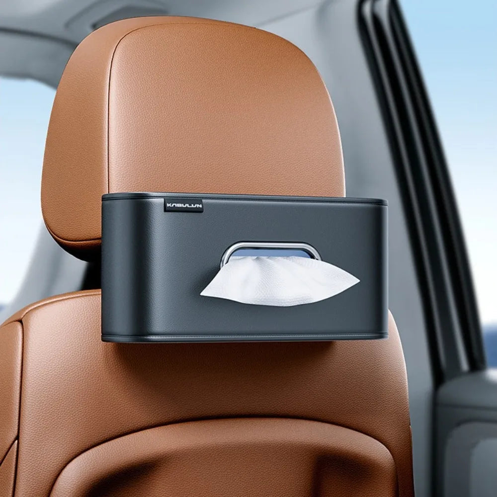 Visor mounting feature on leather tissue box holder