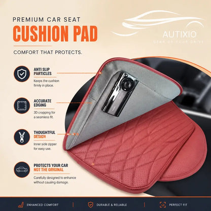 Red leather car seat height cushion flipped open showing anti-slip particle backing, inner zipper pocket, and 3D accurate edging