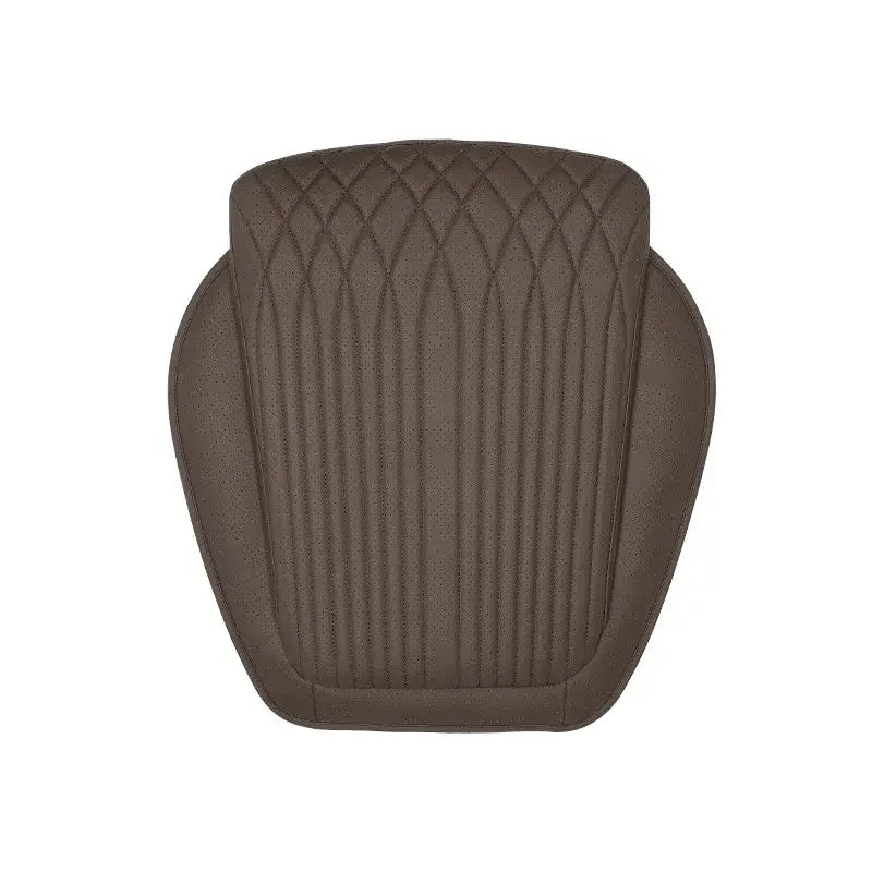 Brown perforated leather car seat height cushion front row top-down view on white background