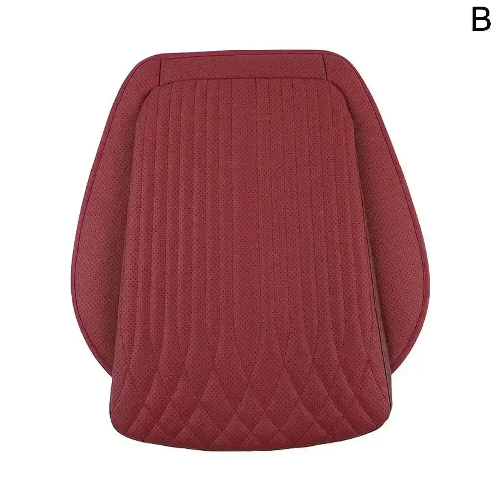Red perforated leather car seat height cushion front row top-down view on white background