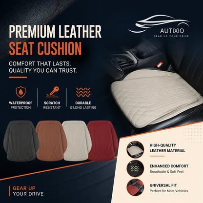 Leather car seat height cushion infographic showing waterproof protection, scratch resistance, and durable quality with 4 color options