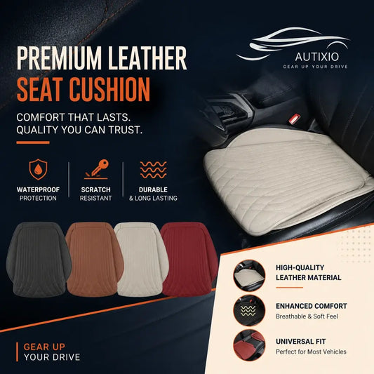 Leather car seat height cushion infographic showing waterproof protection, scratch resistance, and durable quality with 4 color options