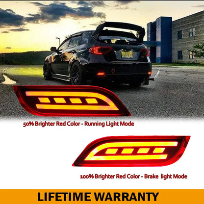LED rear bumper reflectors shown in brake light and running light modes with brightness comparison on car