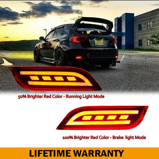 LED rear bumper reflectors shown in brake light and running light modes with brightness comparison on car