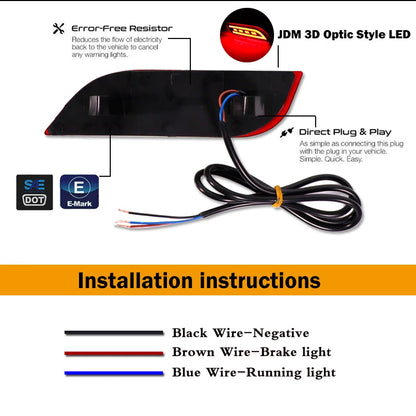 LED rear bumper reflector with labeled wiring harness and plug-and-play installation guide illustration