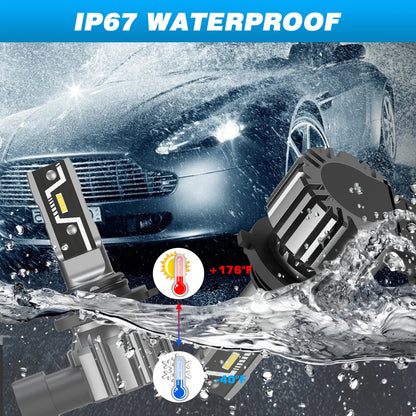 Novsight LED headlight bulbs shown with IP67 waterproof and wide temperature resistance for all-weather use