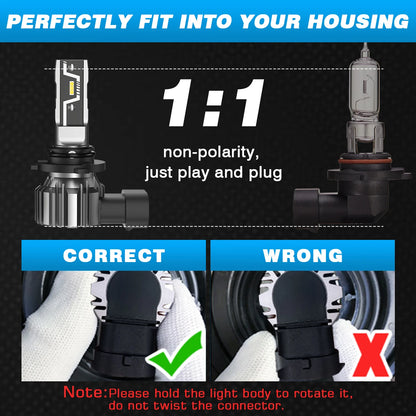 Novsight LED headlight bulbs shown with correct plug orientation and 1:1 halogen bulb size compatibility