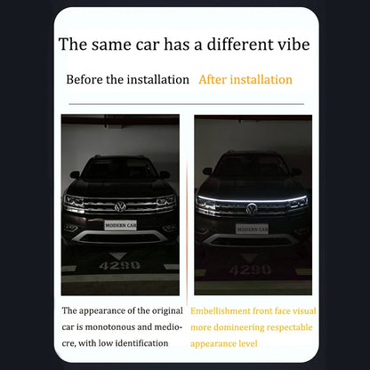 Before and after comparison of car with and without dynamic LED hood strip installed