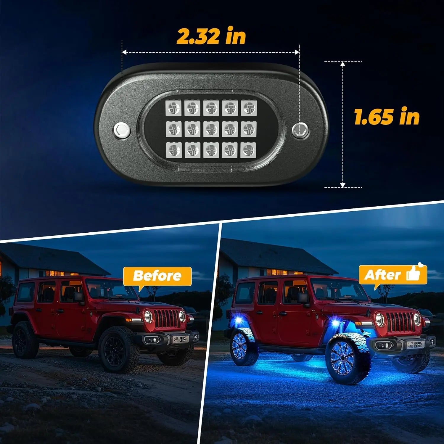 Rock light pod size 2.32x1.65in and before/after of Jeep Wrangler with blue underglow at night