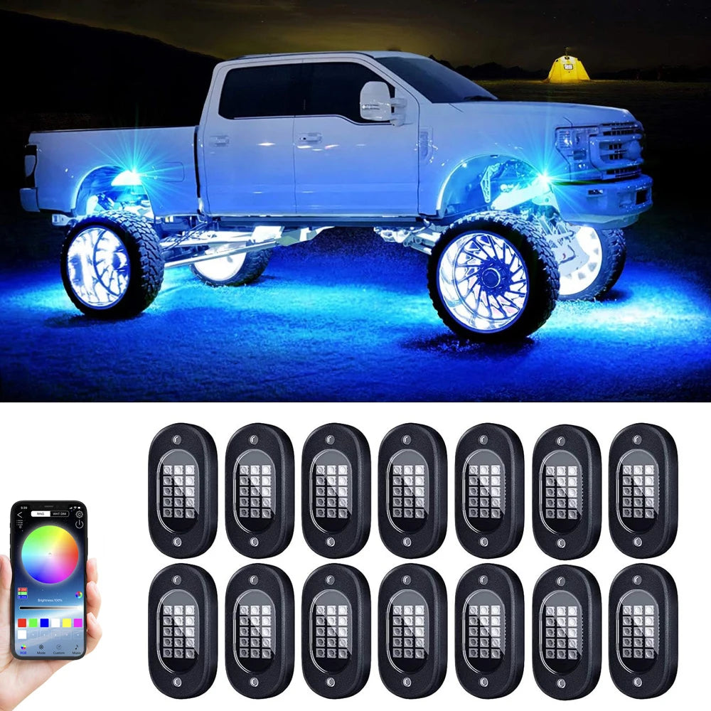 10-pod RGB rock lights kit with app — lifted truck with blue underglow