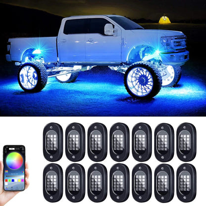 10-pod RGB rock lights kit with app — lifted truck with blue underglow