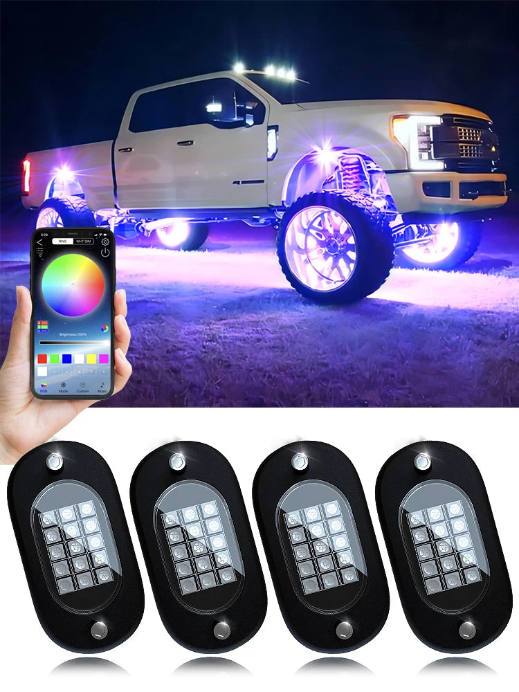 4-pod RGB rock lights kit with app — lifted truck with purple underglow