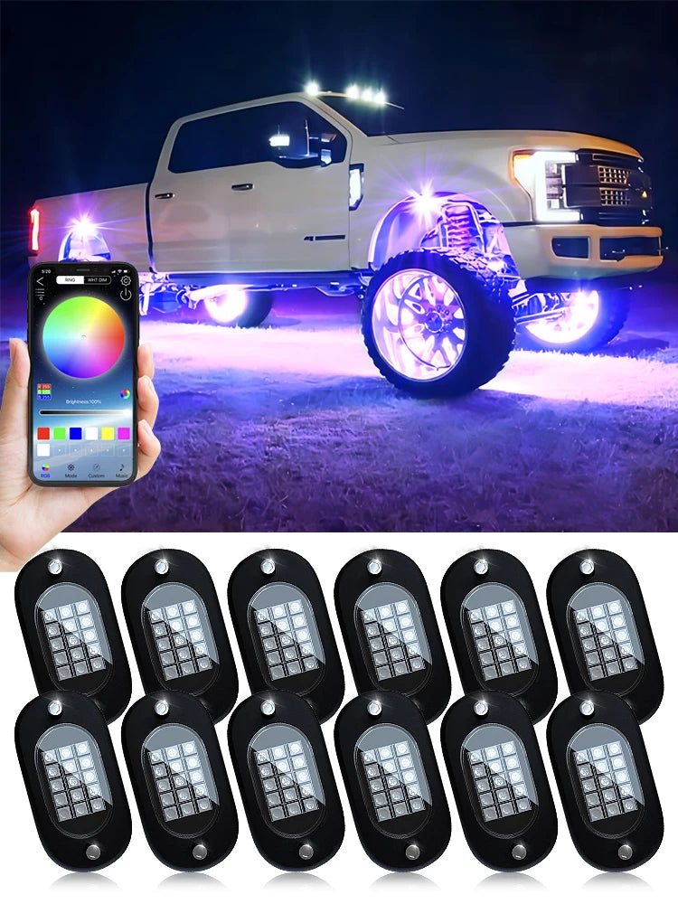 8-pod RGB rock lights kit with app — lifted truck with purple underglow