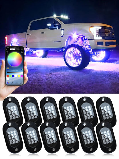 8-pod RGB rock lights kit with app — lifted truck with purple underglow