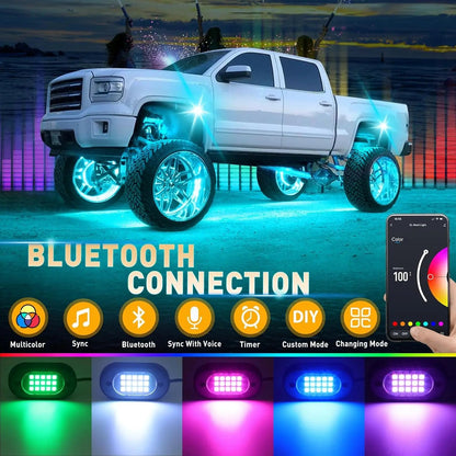 Lifted truck with cyan RGB underglow showing Bluetooth app connection and multicolor, sync, voice, timer and music modes