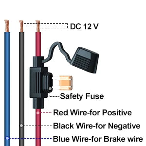 DC 12V wiring diagram showing safety fuse, red positive, black negative and blue brake wire