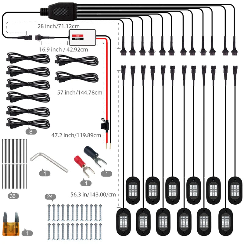 Full rock lights kit contents laid out: pods, extension cables with lengths, screws, fuse, hex key and connectors