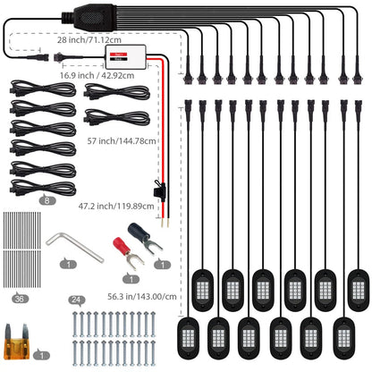 Full rock lights kit contents laid out: pods, extension cables with lengths, screws, fuse, hex key and connectors