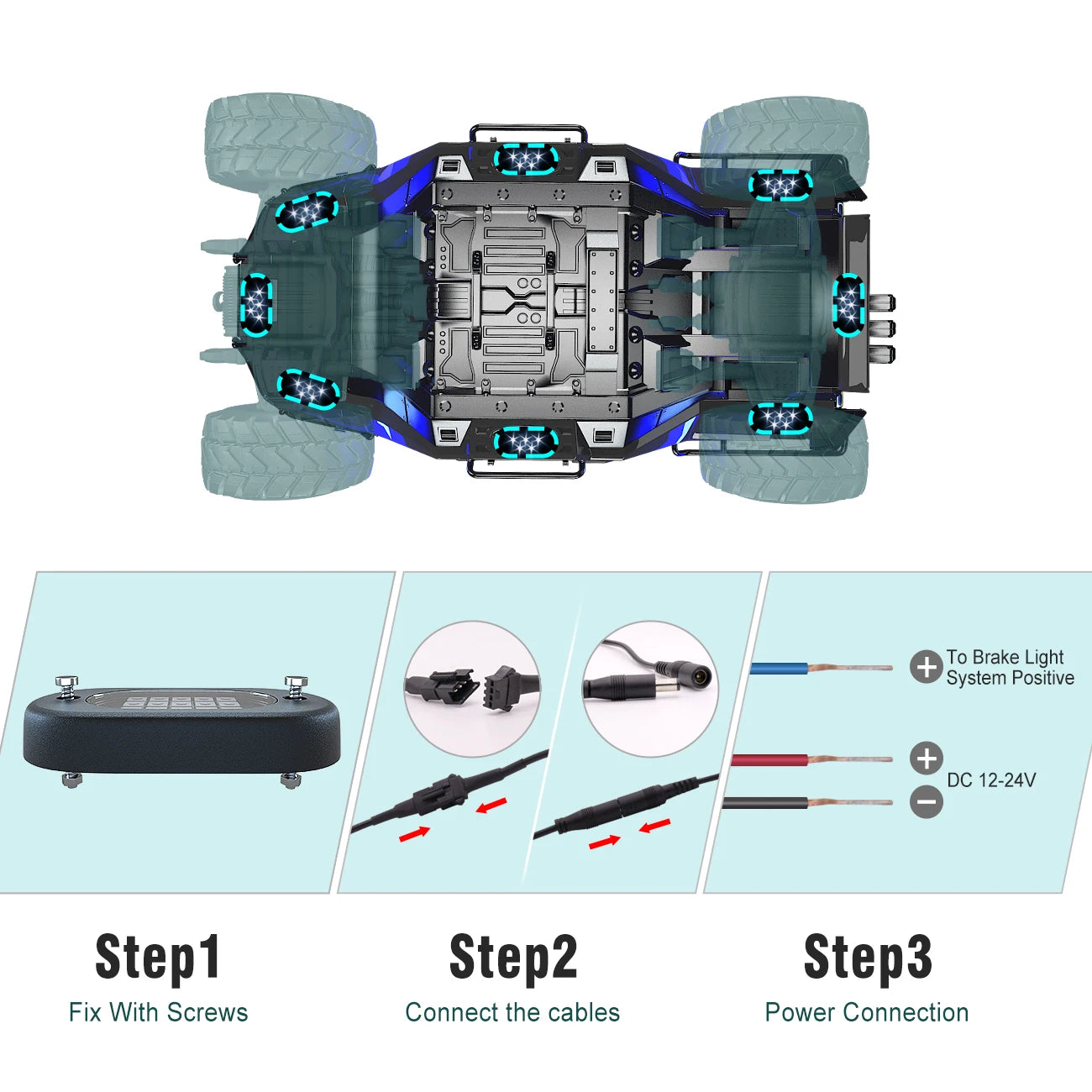 3-step installation guide: fix pods with screws, connect cables, wire to DC 12-24V power