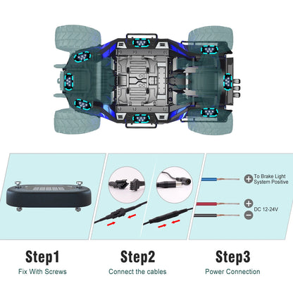 3-step installation guide: fix pods with screws, connect cables, wire to DC 12-24V power