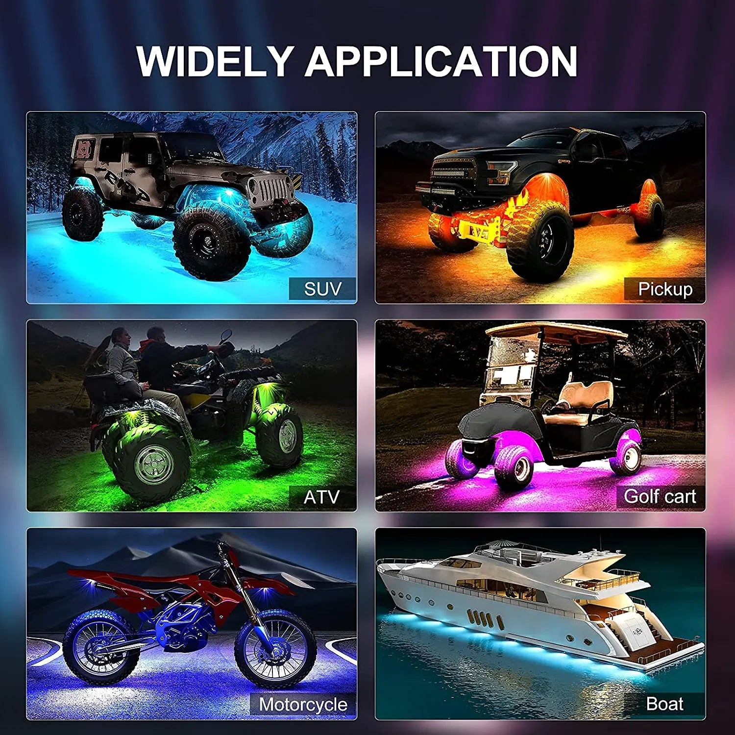 Rock lights shown on 6 vehicle types: SUV, pickup truck, ATV, golf cart, motorcycle and boat