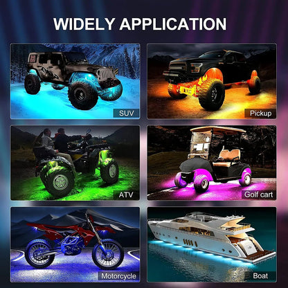 Rock lights shown on 6 vehicle types: SUV, pickup truck, ATV, golf cart, motorcycle and boat