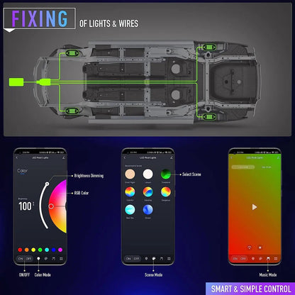 Undercar wiring diagram showing pod placement and 3 app mode screens: color, scene and music