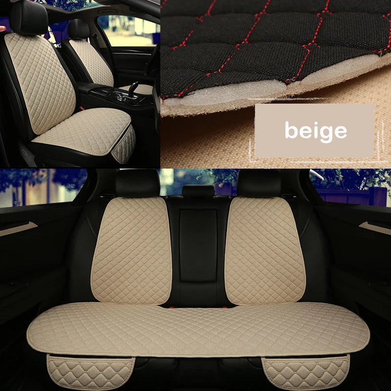 Linen car seat cover beige variant showing front seats, fabric texture and rear bench