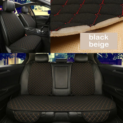 Linen car seat cover black beige stitching variant showing front seats, fabric and rear bench
