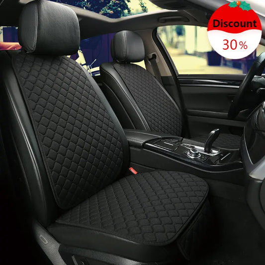 Black linen car seat cover for front seats with diamond stitching and 30% discount badge

