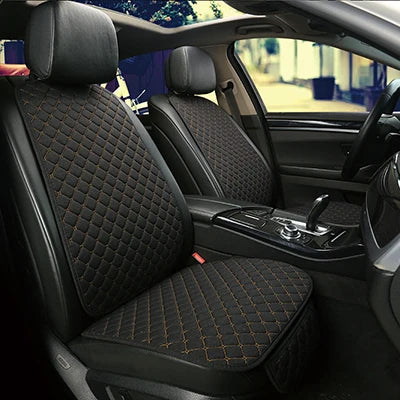 Linen car seat cover black gold stitching front seat pair installed in car