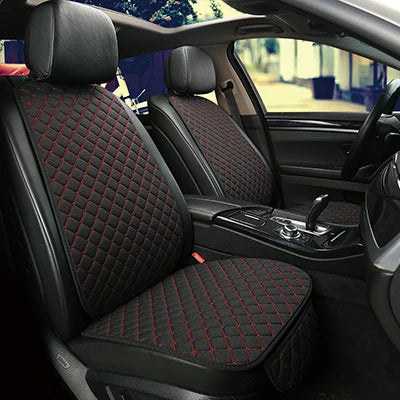Linen car seat cover black red stitching front seat pair installed in car interior