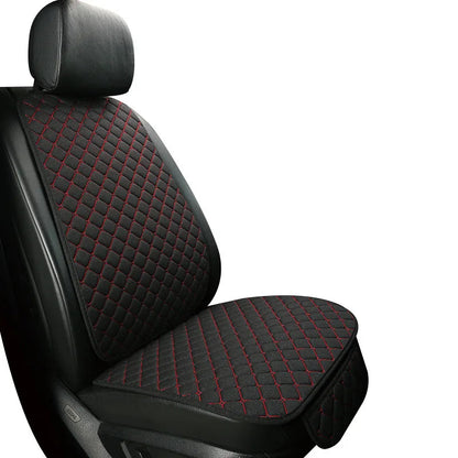 Linen car seat cover black with red stitching single front seat close-up view
