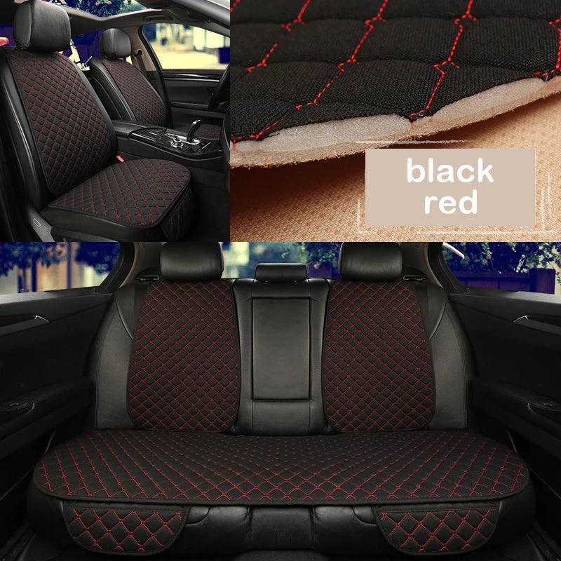 Linen car seat cover black red stitching variant showing front seats, fabric texture and rear bench