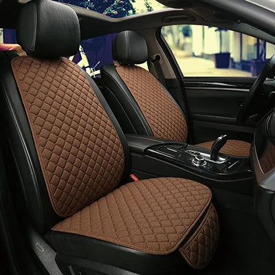 Linen car seat cover coffee brown front seat pair installed in car interior